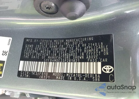 2025 Toyota Corolla Le из США, поврежденный, VIN 5YFB4MDE2SP281821